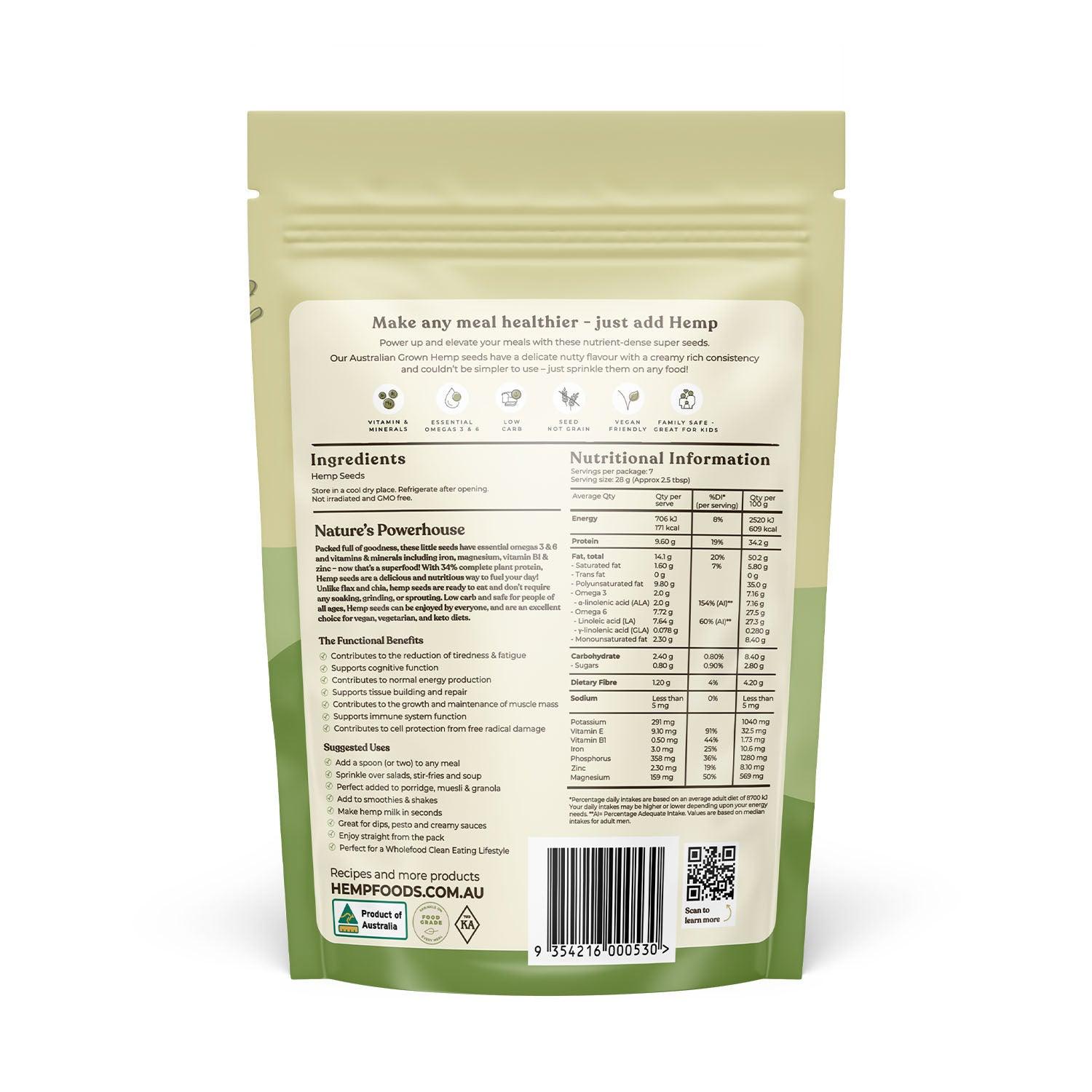 Aus Grown Conventional Hulled Hemp Seeds - 200g - Hemp Foods Australia