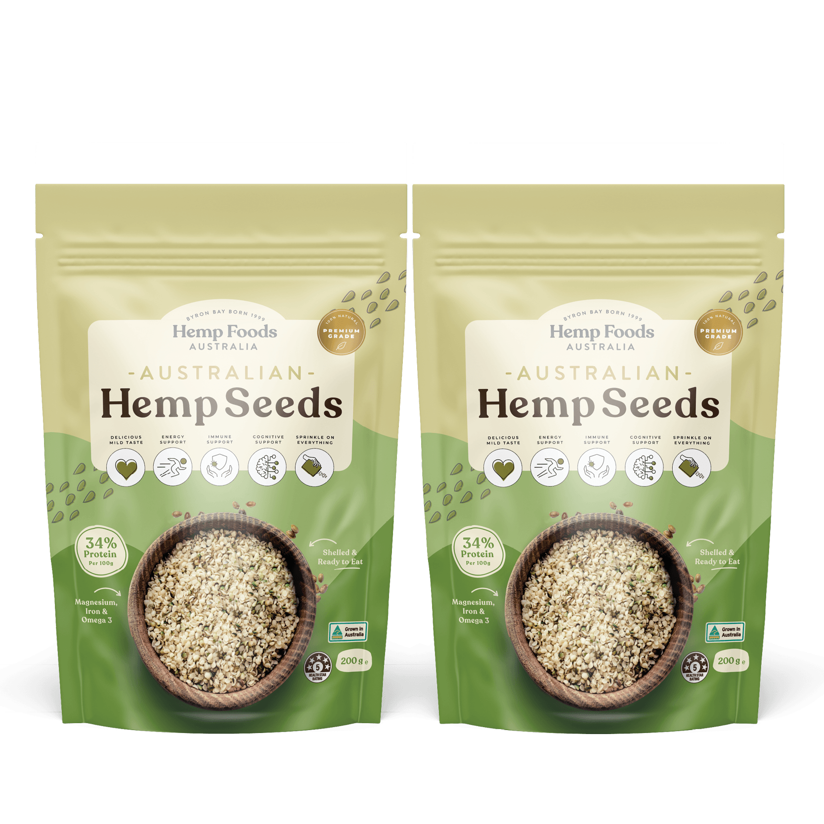 Australian Grown Hulled Hemp Seeds 200g Twin Pack - 2 x 200g Pouches - Hemp Foods Australia