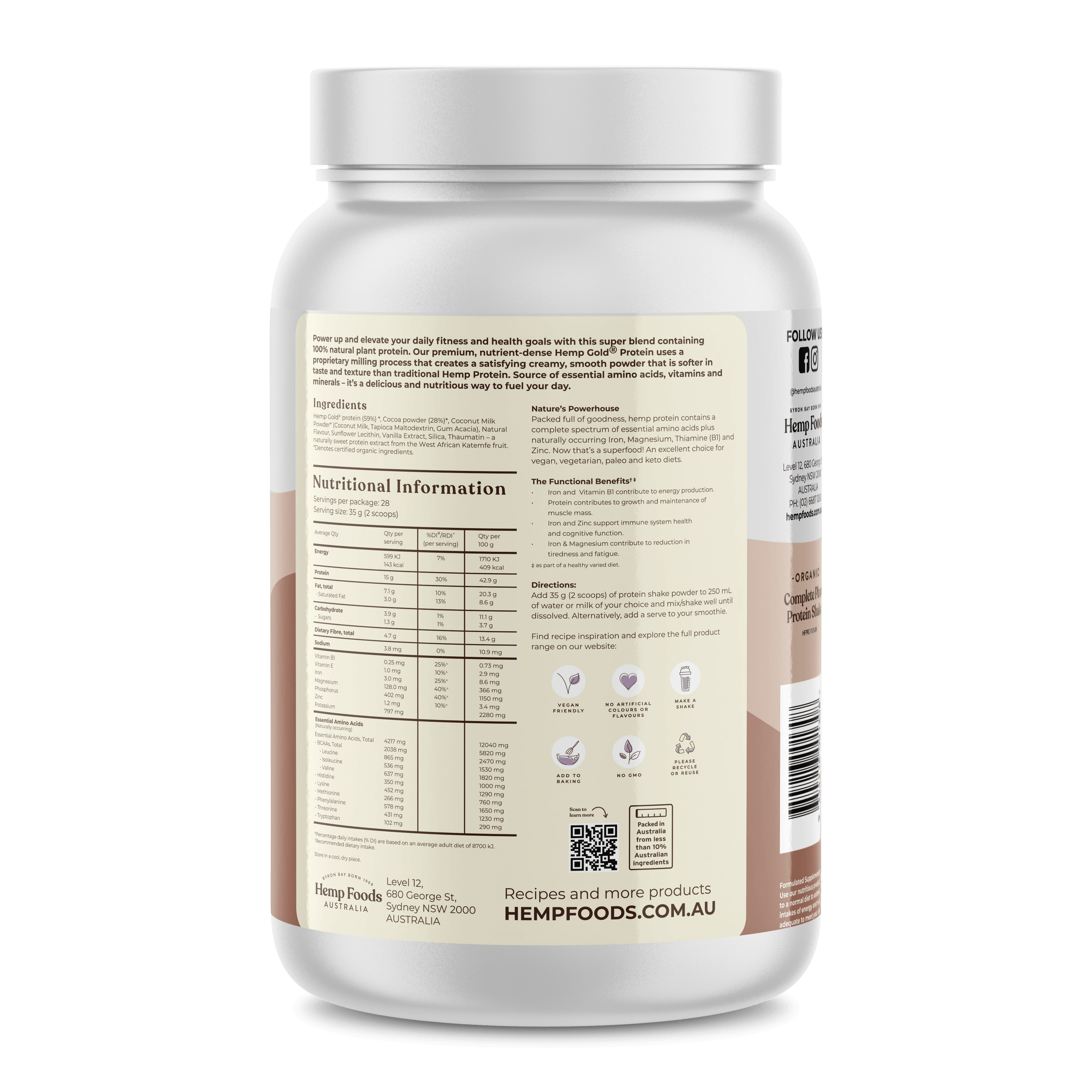 Complete Plant Protein Shake Chocolate - 1KG - Hemp Foods Australia