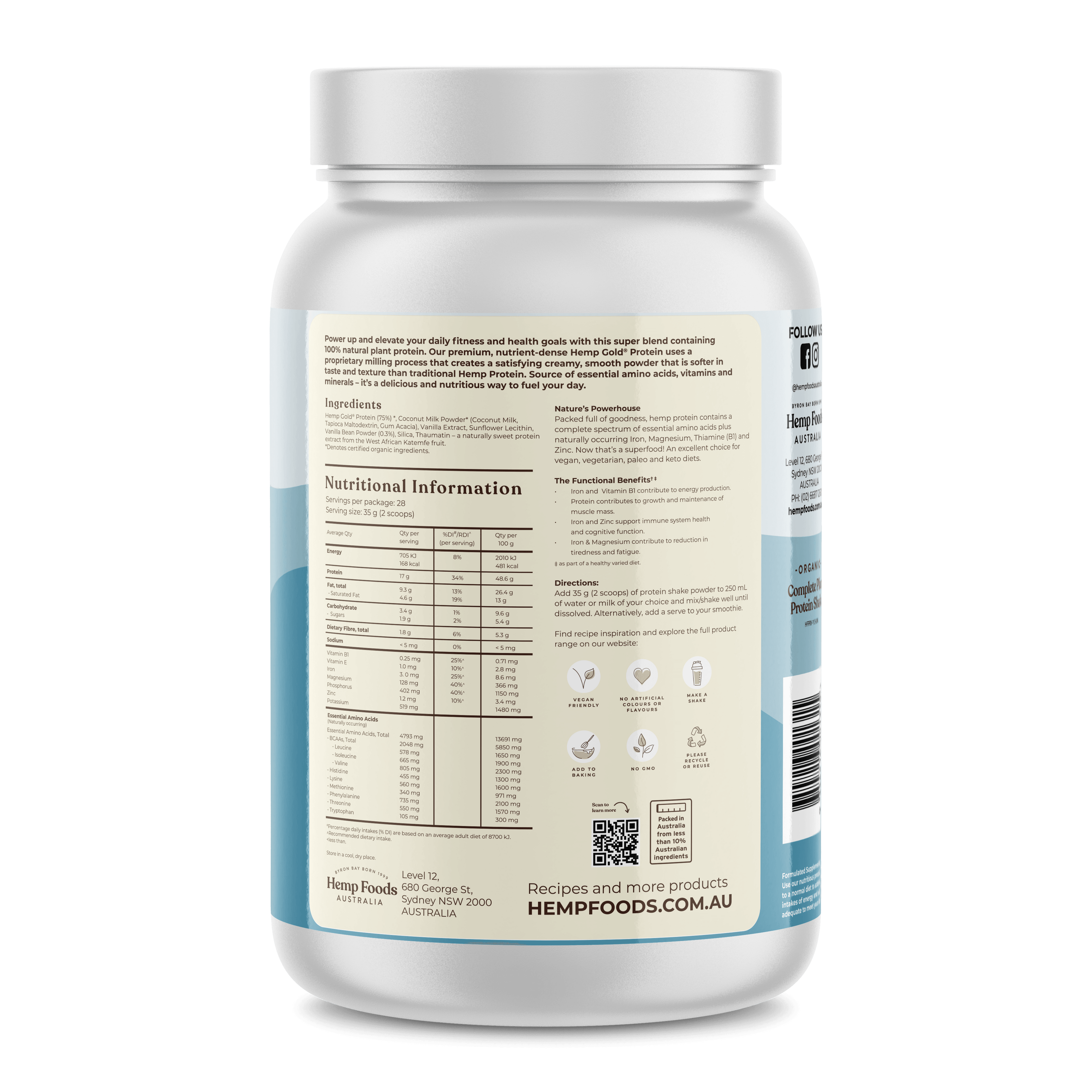 Complete Plant Protein Shake Vanilla - 2 x 1KG Tubs - Hemp Foods Australia