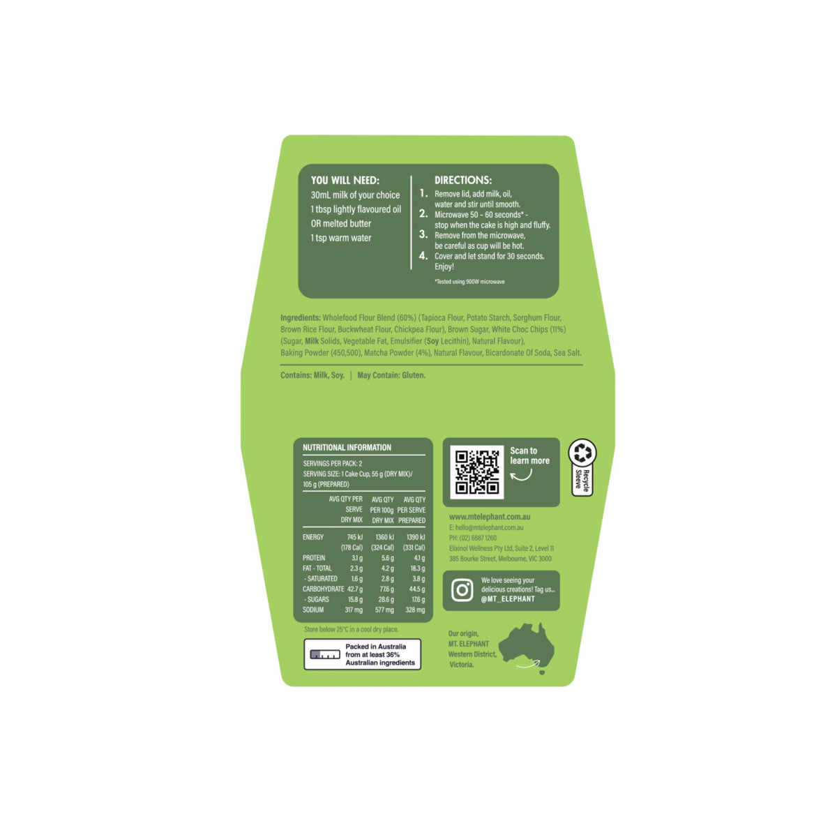Wholefood Cake Pod Matcha White Choc - 2 x 55g Cups