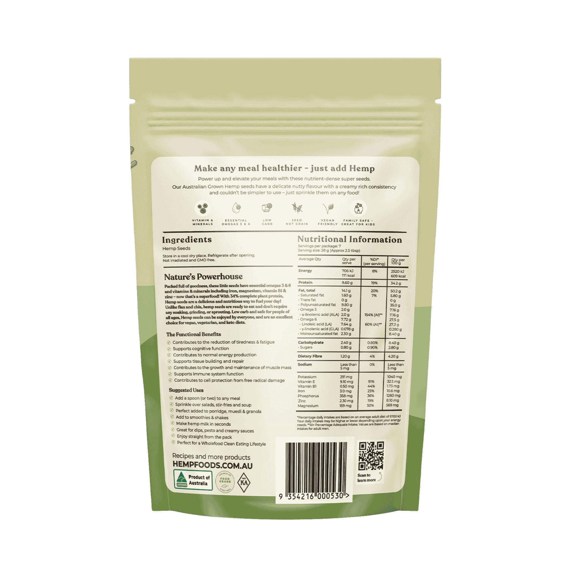 Australian Grown Hulled Hemp Seeds 200g Twin Pack - 2 x 200g Pouches - Hemp Foods Australia