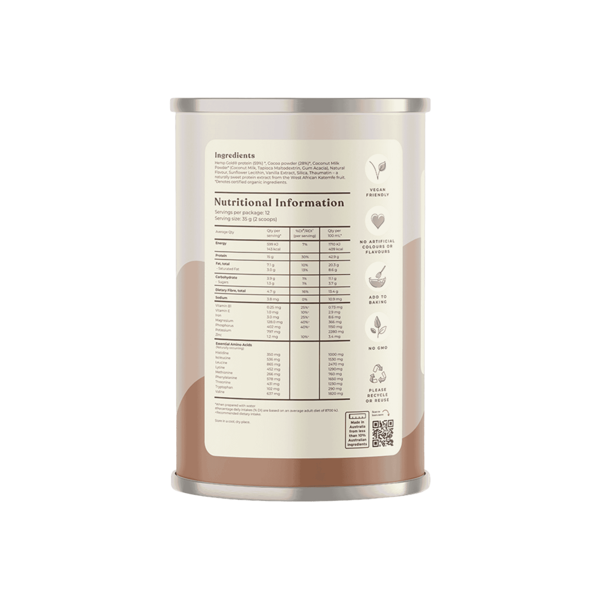 Organic Hemp Protein Chocolate - 2 x 420g Canister - Hemp Foods Australia