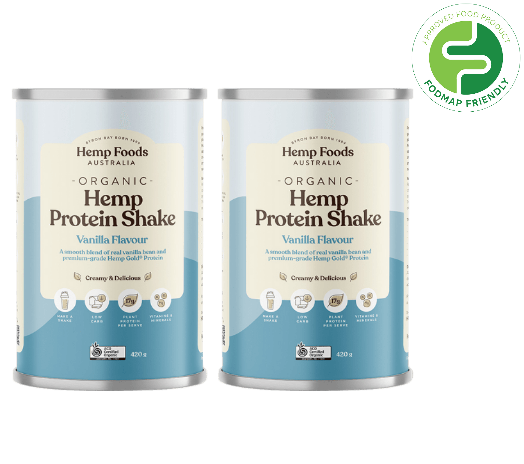 Organic Hemp Protein Vanilla - 2 x 420g Canister - Hemp Foods Australia
