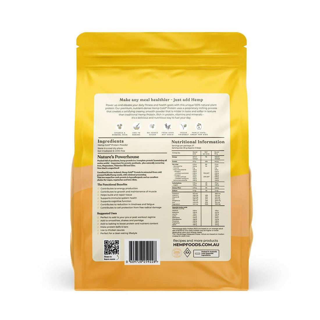Organic Hemp Gold Protein Powder - 2 x 900g Pouches