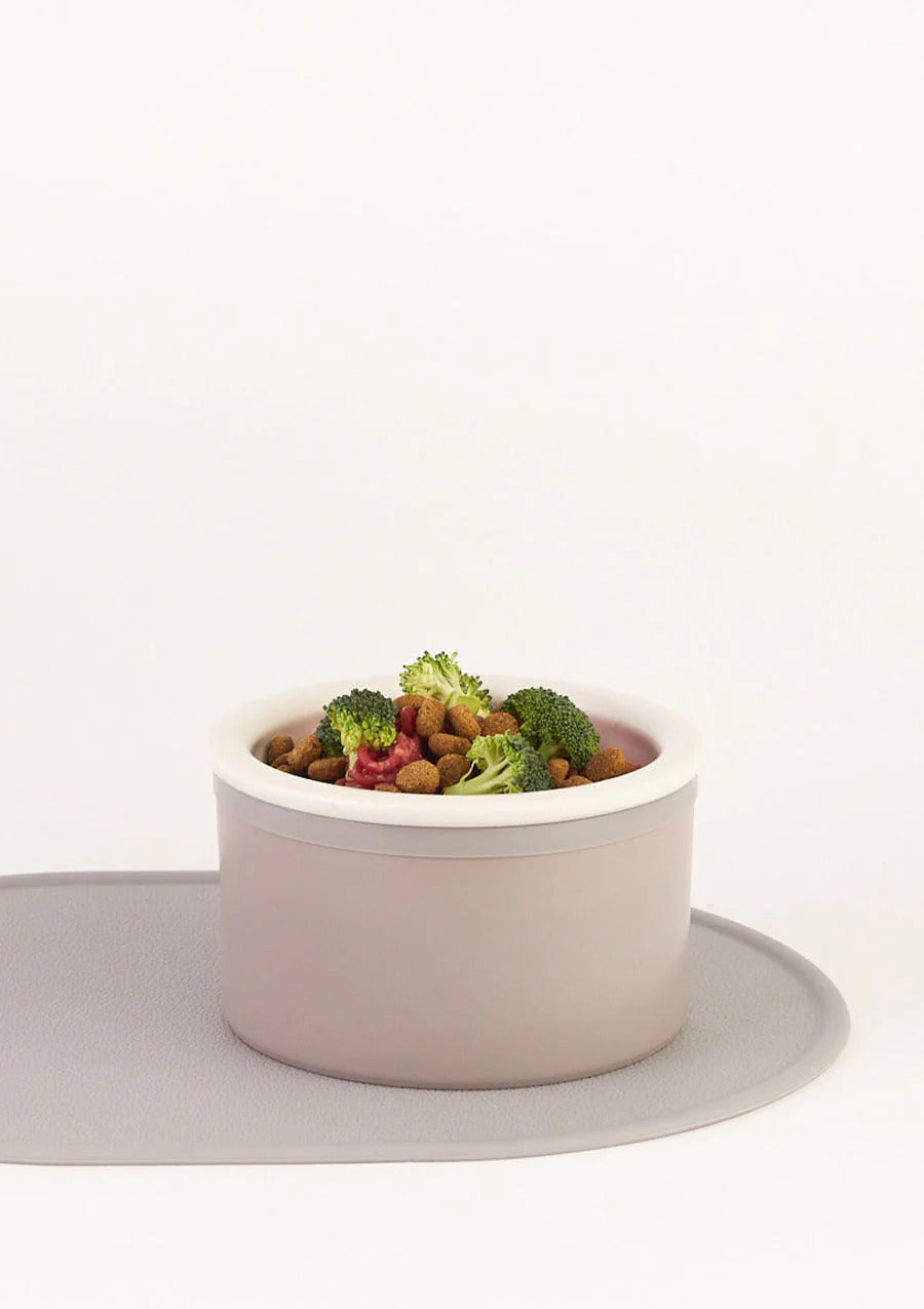 Dog Bowl Set with Mat - Grey &amp; White